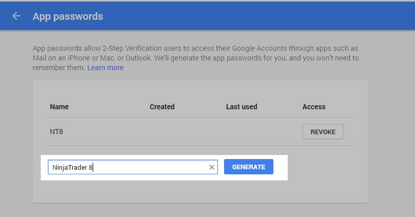 App Password Name to NinjaTrader