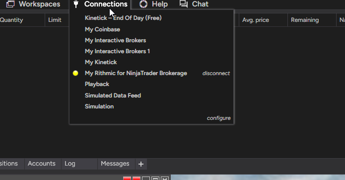 NinjaTrader Control Center connections tab showing connection status and data feed health