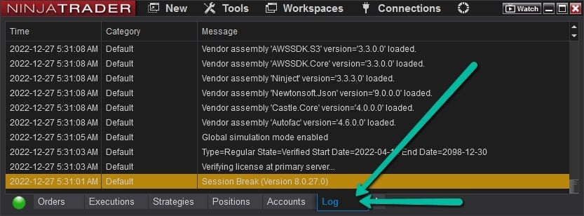 ninjatrader 8 log tab