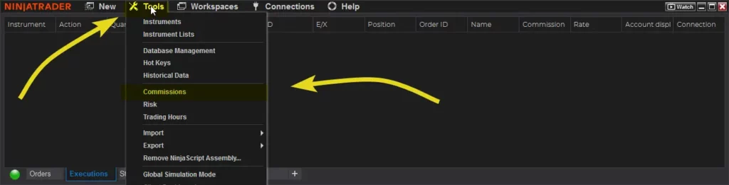 Commissions menu in NinjaTrader 8