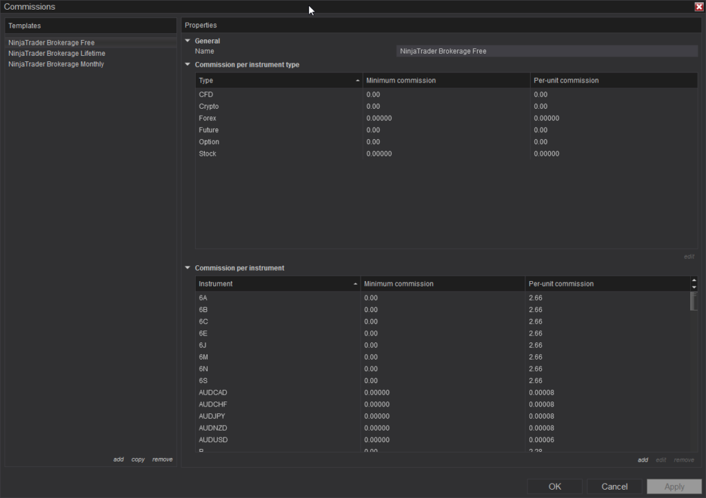 NinjaTrader 8 Commission Window