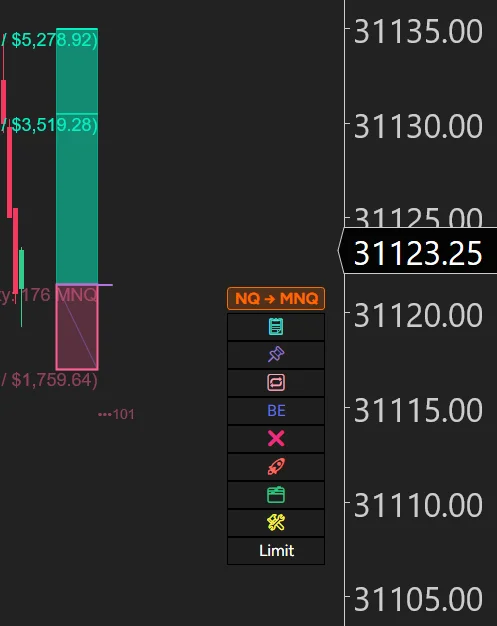 NinjaTrader floating menu showing the NQ to MNQ execution routing badge for the Trade NQ, Copy MNQ setup