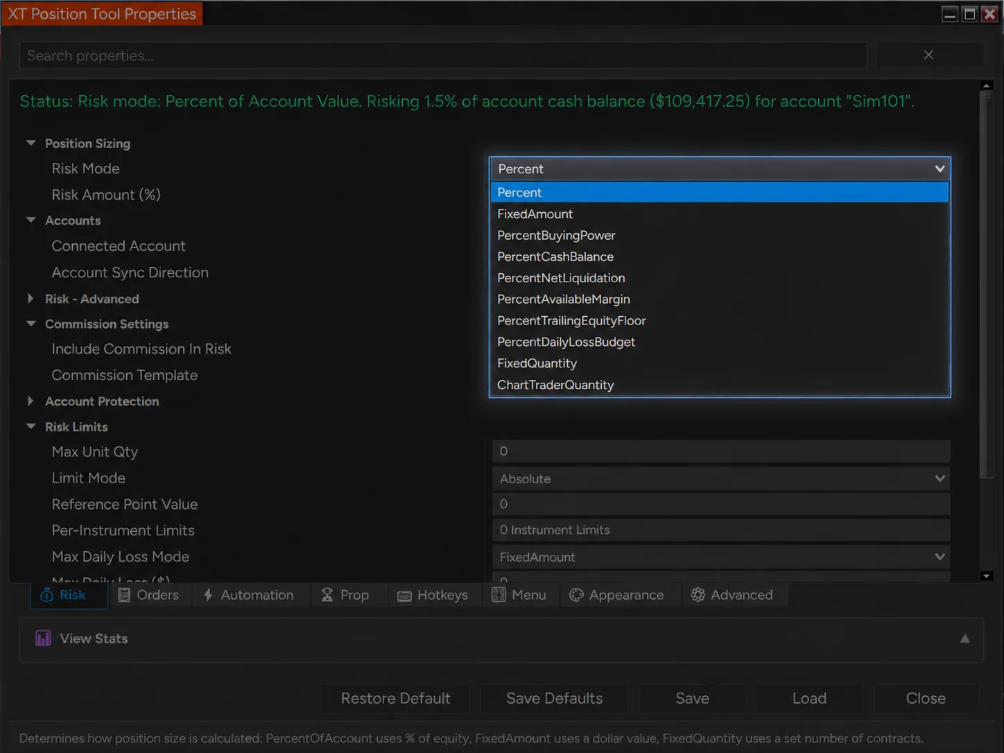 Position sizing settings showing multiple risk base options
