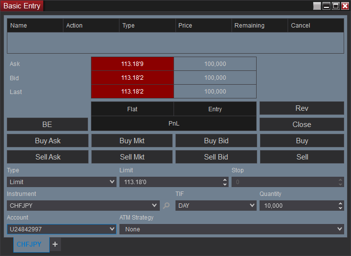 Simulation Order Entry Window