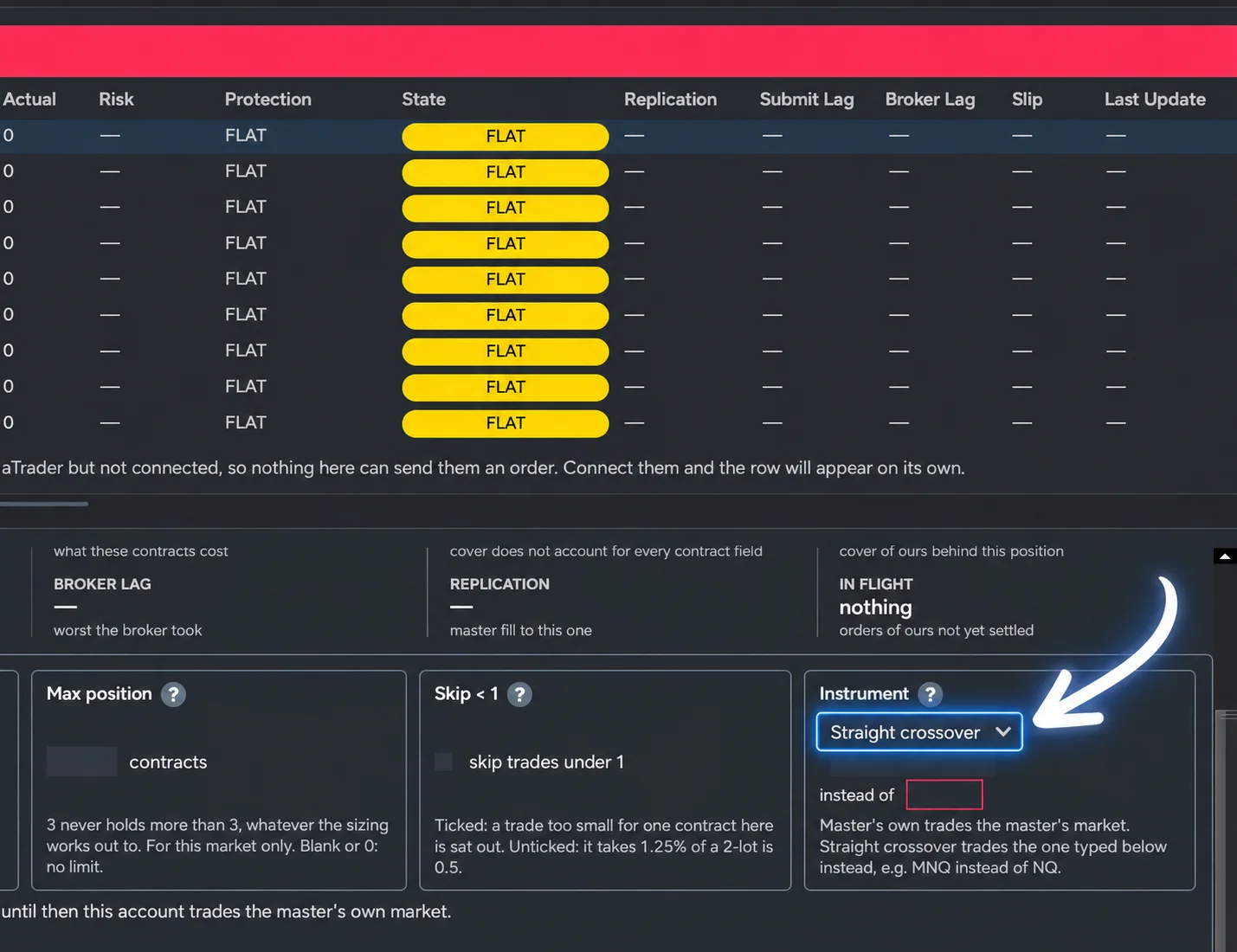 OrderFleet Instrument drop-down configured for Trade NQ, Copy MNQ with the confirmation line underneath