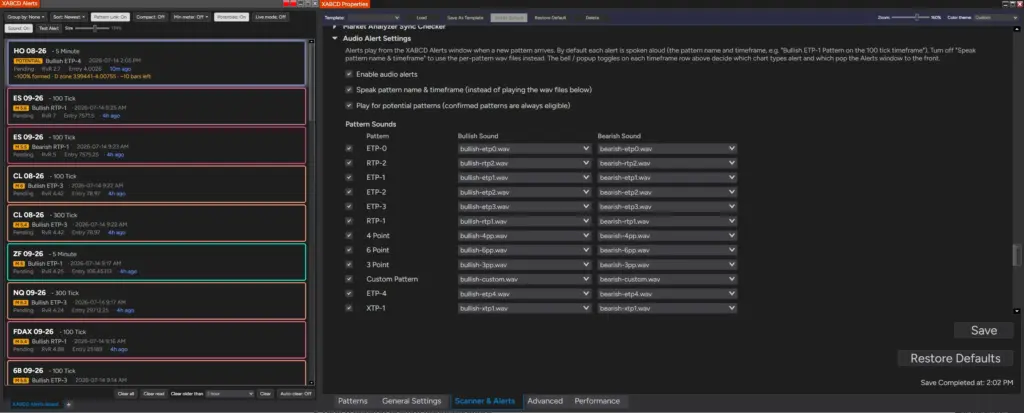 XABCD Pattern Alerts test tile and sound settings panel
